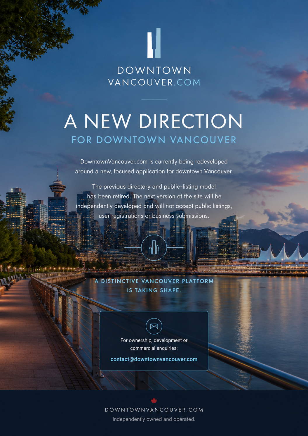 Downtown Vancouver waterfront at dusk with a notice that DowntownVancouver.com is being redeveloped.
